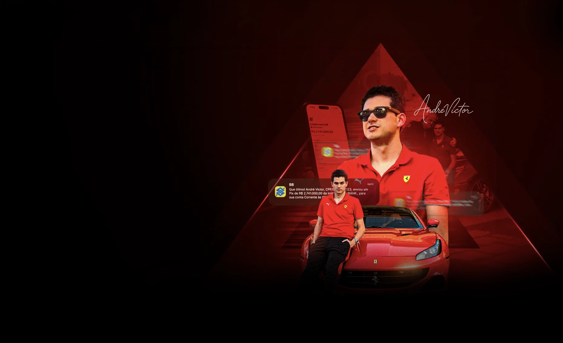 André Victor encostado em uma Ferrari vermelha